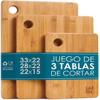 comprar LARHN. Tablas de Cortar Cocina en Madera de Bambu - 3 Tablas Extra Gruesas 1,5 cm - Tabla de Cocina 33x22 / 28x22 / 22x15 cm - Resistentes, Faciles de Limpiar y Respetuosas con los Cuchillos